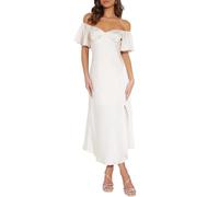 Sommerkleid für Damen aus Satin, schulterfrei, elegant mit Schmetterlingsärmeln und Schlitz, festliches Midi-Kleid für Hochzeit, Cocktailparty oder Abschlussball, Weiss/opulenter Garten, Mittel