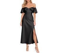 Sommerkleid für Damen aus Satin, schulterfrei, elegant mit Schmetterlingsärmeln und Schlitz, festliches Midi-Kleid für Hochzeit, Cocktailparty oder Abschlussball
