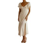 Sommerkleid für Damen aus Satin, schulterfrei, elegant mit Schmetterlingsärmeln und Schlitz, festliches Midi-Kleid für Hochzeit, Cocktailparty oder Abschlussball, Champagner, Klein