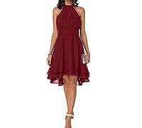 Sommerkleid für Damen, elegant, hohe Taille, mit Ausschnitt, ärmellos, aus Chiffon, einfarbig, Midi-Kleid, Red Wine, S