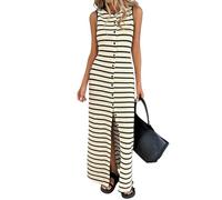 Sommerkleid für Damen Figurbetont Gestrickt Gestreift Ärmellos Rundhalsausschnitt Knopfleiste Gestreift Schmal Geschnitten Dehnbar Tanktop Maxikleid mit Seitenschlitz für Urlaub Strand und Alltag