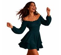 Sommerkleid für Damen, gerüscht, mehrlagig, Chiffon-Culotte, Rundhalsausschnitt, schulterfrei, Swing-Minikleid, fließendes Kleid (Green, L)