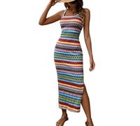 Sommerkleid für Damen Gestreiftes Strickkleid mit Seitenschlitz Figurbetontes Maxikleid Ärmellos Rundhalsausschnitt Boho-Stil Strandurlaubskleidung Blau Größe L