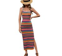 Sommerkleid für Damen Gestreiftes Strickkleid mit Seitenschlitz Figurbetontes Maxikleid Ärmellos Rundhalsausschnitt Boho-Stil Strandkleid Urlaubskleidung Gelb Größe S