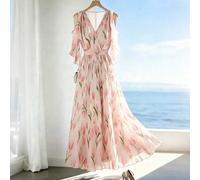 Sommerkleid für Damen mit Blumenmuster, sanftes Tulpenmuster, Off-Shoulder, V-Ausschnitt, tailliert, A-Linien-Rock, Sommerkleid, rosa Kleid, rosa Klei