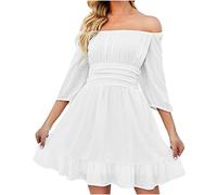 Sommerkleid für Damen Rundhals Halbarm Damenkleider Solide Hohe Taille Falten Kurzer Minirock A-Linie Kleider