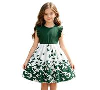 Sommerkleid für Mädchen Lässige Rüschen Falten Kleid mit Rundhalsausschnitt Niedliches Schmetterlings Druck Sommer Kleider Partykleid Komfort Kinderkleid 5-10 Jahre