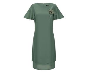 Sommerkleid GOLDNER "Kurzgröße Abendkleid mit abnehmbarer Brosche", Damen, Gr. 20, K-Gr, grün (salbei), Obermaterial: 100% Polyester PES., gerade, Kleider Sommerkleid, dekorative Blumenbrosche mit Hot