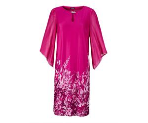 Sommerkleid GOLDNER "Kurzgröße Pinkes edles Chiffon-Kleid mit 3/4-Arm", Damen, Gr. 21, K-Gr, pink (pink, geblümt), Obermaterial: 96% Polyester PES. 4% Elasthan EL., gerade, Asymmetrisch, Kleider Somme