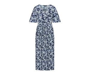 Sommerkleid GOLDNER "Wickelkleid mit floralem Design", Damen, Gr. 42, N-Gr, blau (marine, weiß, geblümt), Obermaterial: 92% Polyester PES. 8% Elasthan EL., tailliert, V-Ausschnitt, Kleider Sommerkleid