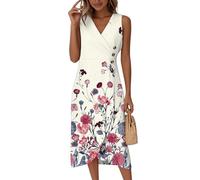 Sommerkleid Große Größen Damen, Damen Tailliertes Midikleid Hochzeitsgast Kleid Midikleid Ärmelloses V Ausschnitt Wickelkleid Druck Sommer Partykleid Strandkleid Knopf Luftig Hohe Taille (3-Rosa, M)