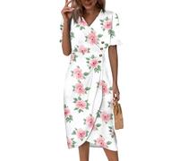Sommerkleid Große Größen Damen, Damen Tailliertes Midikleid Kleider V-Ausschnitt Kurzarm Lang Blumenmuster Sommerkleider Boho Tailliert Knopf Partykleid Freizeitkleid A-Linie Casual (2-Weiß, XL)