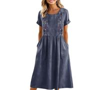Sommerkleid Große Größen Damen,Damen Tailliertes Midikleid Lang Stickerei Druck Rundhals Leinenkleid Mit Taschen Kurze Ärmel Baumwoll Leinen Kleider Midikleid Plissee Sommer Freizeitkleid(Marine,XL)