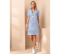 Sommerkleid HEINE "Druck-Kleid", Damen, Gr. 38, Normalgrößen, blau (eisblau, jeansblau, gestreift), 100% Baumwolle, gemustert, gestreift, mehrfarbig, kurz, V-Ausschnitt, Kleider Sommerkleid (77708519-
