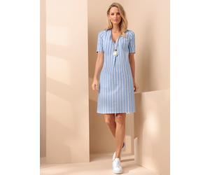 Sommerkleid HEINE "Druck-Kleid", Damen, Gr. 40, Normalgrößen, blau (eisblau, jeansblau, gestreift), 100% Baumwolle, gemustert, gestreift, mehrfarbig, kurz, V-Ausschnitt, Kleider Sommerkleid (77708519-