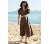 Sommerkleid HEINE "Kleid", Damen, Gr. 40, Normalgrößen, schoko, 55% Leinen, 45% Viskose, unifarben, lang, V-Ausschnitt, Kleider Sommerkleid (31944944-40) schoko