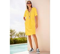 Sommerkleid HEINE "Kleid", Damen, Gr. 44, Normalgrößen, gelb (sonnengelb), 68% Baumwolle, 30% Polyamid, 2% Elasthan, unifarben, kurz, V-Ausschnitt, Kleider Sommerkleid (84557023-44) sonnengelb