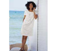 Sommerkleid HEINE "Kleid", Damen, Gr. 46, Normalgrößen, weiß (ecru), 55% Leinen, 45% Baumwolle, geblümt, gemustert, unifarben, kurz, Rundhals, Kleider Sommerkleid (73355944-46) ecru