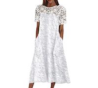Sommerkleid in Übergröße für Damen, Boho-Kleider für Damen, Sommer, kurze Ärmel, Spitze, Aushöhlung, Rundhalsausschnitt, lässiges modisches Kleid, weiß, XXL