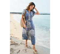 Sommerkleid INSPIRATIONEN "Sommerkleid", Damen, Gr. 23, Kurzgrößen, ecru, bleu, bedruckt, 100% Viskose, bedruckt, gemustert, mehrfarbig, wadenlang, V-Ausschnitt, Kleider Sommerkleid (63642010-23) ecru