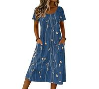 Sommerkleid Kurz, Damen Ärmelloses Rundhals Cocktailkleid Kurzarm Kleider Shirtkleid Midikleid V Ausschnitt Lockere Strandkleid Wickelkleid Lose A-Linie (4-Marine, XL)