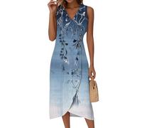 Sommerkleid Kurz, Damen Ärmelloses Rundhals Kleid Hochzeitsgast Ärmellos V-Ausschnitt Kleider Blumenmuster Wickelkleid Tailliert A-Linie Midikleid Elegant Festlich Sommer Casual Classic (1-Blau, XL)