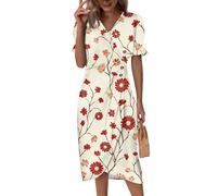 Sommerkleid Kurz, Damen Kurzarm Sommerkeider Knielange Cocktailkleid Kleider V-Ausschnitt Strandkleid Sommerkleider Blumen Druck Lockere Tailliert Boho Kleid Midikleid Knopf Bequme (3-Beige, XL)