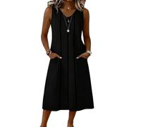 Sommerkleid Kurz,Damen Kurzarm Sommerkeider Knielange Kleid Hochzeitsgast V-Ausschnitt A-Linie Sommer Leinenkleid Lockere Einfarbige Sommerkleider Luftig Midikleid Strandkleid Mit Taschen(Schwarz,XL)