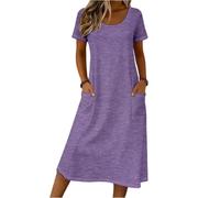 Sommerkleid Kurz, Damen Strandkleid Luftig Kurzarm Kleider Rundhals Shirtkleid Midikleid V Ausschnitt Lockere Wickelkleid Lose A-Linie (1-Lila, M)