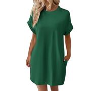 Sommerkleid lang Damen Kleid cottagecore Dress Kleidung Elegant Einfarbig Rundhals Kurz Ärmel Shirt grün Prom（Dunkelgrün, XL