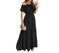sommerkleid lang festival outfit damen kleid lang Schulterfrei RüSchen Einfarbig Kurzarm Bodenlang Kleid Sexy Hohe Taille Lang Kleid Elegant A-Linie Tunika Kleid Boho business outfit (Schwarz, M)