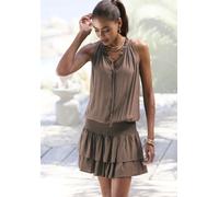 Sommerkleid LASCANA "aus leicht strukturierter Webqualität mit Rüschendetails", Damen, Gr. 34, N-Gr, braun, Web, Obermaterial: 100% Viskose, unifarben, figurumspielend kurz, Rundhals, Kleider Sommerkl