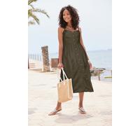 Sommerkleid LASCANA "aus Leinenmix mit Baumwolle", Damen, Gr. 34, N-Gr, grün (khaki), Web, Obermaterial: 58% Viskose, 28% Baumwolle, 14% Leinen, unifarben, figurumspielend Midi, V-Ausschnitt, Kleider