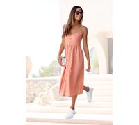 Sommerkleid LASCANA "aus Leinenmix mit Baumwolle", Damen, Gr. 44, N-Gr, beige (puder), Web, Obermaterial: 58% Viskose, 28% Baumwolle, 14% Leinen, figurumspielend Midi, V-Ausschnitt, Kleider Sommerklei