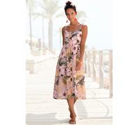 Sommerkleid LASCANA "aus Leinenmix mit Baumwolle und tropischem Alloverdruck", Damen, Gr. 46, N-Gr, orange (apricot, bedruckt), Web, Obermaterial: 58% Viskose, 28% Baumwolle, 14% Leinen, figurumspiele