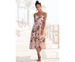 Sommerkleid LASCANA "aus Leinenmix mit Baumwolle und tropischem Alloverdruck", Damen, Gr. 46, N-Gr, orange (apricot, bedruckt), Web, Obermaterial: 58% Viskose, 28% Baumwolle, 14% Leinen, figurumspiele
