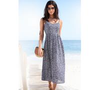 Sommerkleid LASCANA, Damen, Gr. 34, N-Gr, blau (marine, creme bedruckt), Web, Obermaterial: 58% Viskose, 28% Baumwolle, 14% Leinen, bedruckt, figurumspielend ca. Mitte Wade, V-Ausschnitt, Kleider Somm
