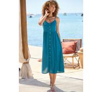 Sommerkleid LASCANA, Damen, Gr. 34, N-Gr, petrol, Web, Obermaterial: 58% Viskose, 28% Baumwolle, 14% Leinen, unifarben, figurumspielend Midi, V-Ausschnitt, Kleider Sommerkleid, aus Leinenmix mit Baumw