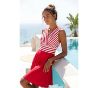 Sommerkleid LASCANA, Damen, Gr. 34, N-Gr, weiß, rot gestreift, Single Jersey, Obermaterial: 95% Polyester, 5% Elasthan, gestreift, unifarben, modisch, figurumspielend kniefrei, tiefer V-Ausschnitt, Kl