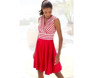 Sommerkleid LASCANA, Damen, Gr. 34, N-Gr, weiß, rot gestreift, Single Jersey, Obermaterial: 95% Polyester, 5% Elasthan, gestreift, unifarben, figurumspielend kniefrei, tiefer V-Ausschnitt, Kleider Som
