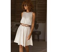 Sommerkleid LASCANA, Damen, Gr. 36, N-Gr, gold (beige, goldfarben), Crêpe, Obermaterial: 95% Polyester, 5% Elasthan, metallisierte Fasern, figurumspielend knieumspielend, Rundhals, Kleider Sommerkleid