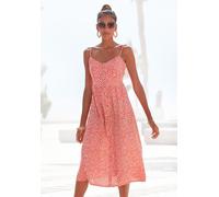 Sommerkleid LASCANA, Damen, Gr. 36, N-Gr, rot (rot, creme, bedruckt), Web, Obermaterial: 58% Viskose, 28% Baumwolle, 14% Leinen, bedruckt, figurumspielend ca. Mitte Wade, V-Ausschnitt, Kleider Sommerk
