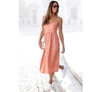 Sommerkleid LASCANA, Damen, Gr. 38, N-Gr, beige (puder), Web, Obermaterial: 58% Viskose, 28% Baumwolle, 14% Leinen, figurumspielend Midi, V-Ausschnitt, Kleider Sommerkleid, aus Leinenmix mit Baumwolle