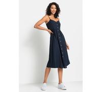 Sommerkleid LASCANA, Damen, Gr. 42, N-Gr, blau (marine), Web, Obermaterial: 58% Viskose, 28% Baumwolle, 14% Leinen, unifarben, figurumspielend Midi, V-Ausschnitt, Kleider Sommerkleid, aus Leinenmix mi