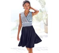 Sommerkleid LASCANA, Damen, Gr. 42, N-Gr, weiß, navy gestreift, Single Jersey, Obermaterial: 95% Polyester, 5% Elasthan, gestreift, unifarben, modisch, figurumspielend kniefrei, tiefer V-Ausschnitt, K