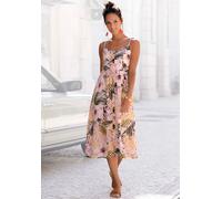 Sommerkleid LASCANA, Damen, Gr. 46, N-Gr, orange (apricot, bedruckt), Web, Obermaterial: 58% Viskose, 28% Baumwolle, 14% Leinen, figurumspielend Midi, V-Ausschnitt, Kleider Sommerkleid, aus Leinenmix,