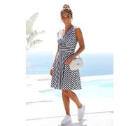 Sommerkleid LASCANA, Damen, Gr. 34, N-Gr, blau (marine, weiß, gestreift), Jersey, Obermaterial: 95% Polyester, 5% Elasthan, figurumspielend kniefrei, V-Ausschnitt, Kleider Sommerkleid, mit Streifenpri