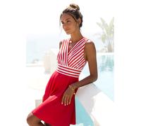 Sommerkleid LASCANA "mit Streifenprint, bügelfreie Qualität, maritim", Damen, Gr. 36, N-Gr, weiß (weiß, rot gestreift), Single Jersey, Obermaterial: 95% Polyester, 5% Elasthan, gestreift, unifarben, f