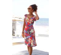 Sommerkleid LASCANA "mit V-Ausschnitt und Alloverdruck, Jerseykleid", Damen, Gr. 46, N-Gr, bunt (rot, blau, bedruckt), Jersey, Obermaterial: 100% Viskose, bedruckt, figurumspielend kniefrei, V-Ausschn