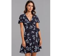 Sommerkleid LAURA SCOTT, Damen, Gr. 42, N-Gr, blau (marine, geblümt), Single Jersey, Obermaterial: 95% Viskose, 5% Elasthan, geblümt, figurbetont kurz, tiefer V-Ausschnitt, Kleider Sommerkleid, femini